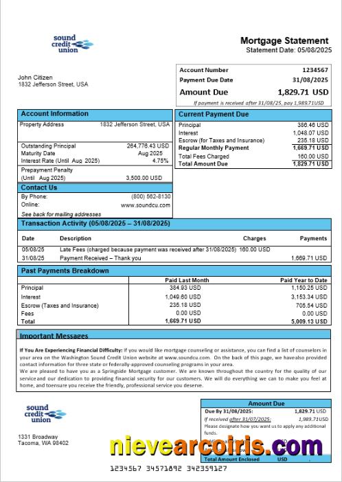 USA Washington Sound Credit Union mortgage statement